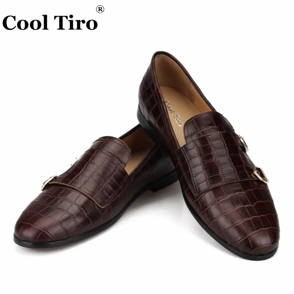COOL TIRO Crocodile print Double-Monk Loafers Men Moccasins SmokingSlippers Wedding Dress Shoes Men's Flats Casual Leather | Обувь