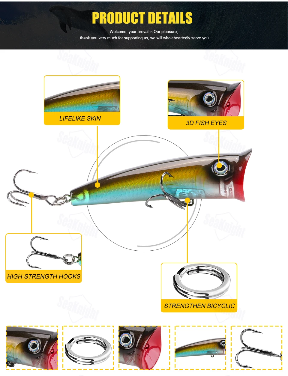 SeaKnight SK004 5 шт./лот хорошее посылка 70 мм 11 г Topwater искусственные приманки рыбалка Блесен Поппер попер 2 шт. крючки блесны