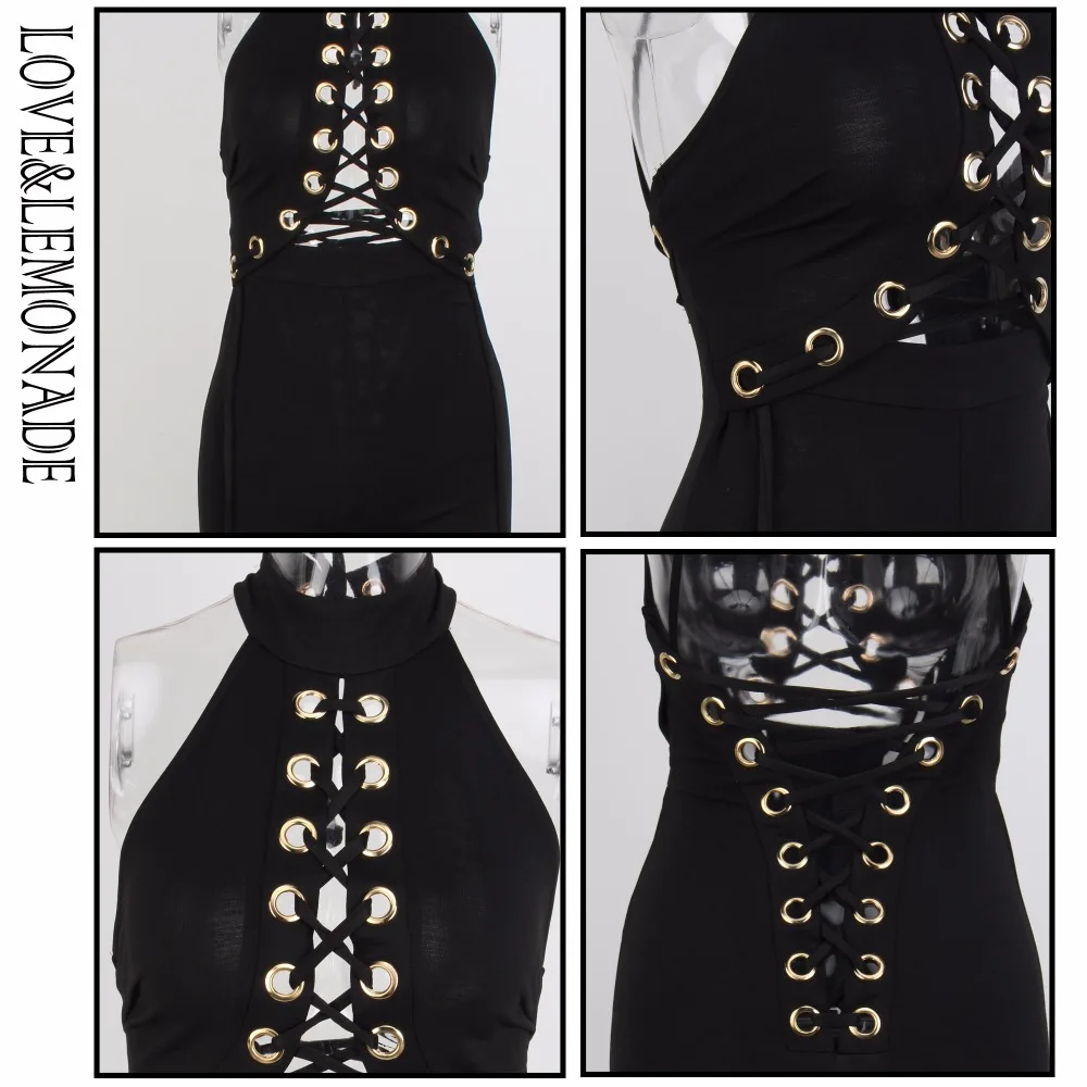 

LOVE & LEMONADE Black Metal Ring Tie Open Back Jumpsuit LM80271