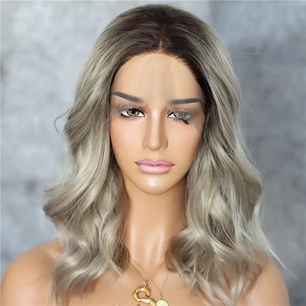 Beige BeautyTown темный корень Омбре фиолетовый красочные короткие волосы блоггер ежедневный макияж Glueless синтетические кружева перед Свадебная вечеринка парики - Цвет: Beige