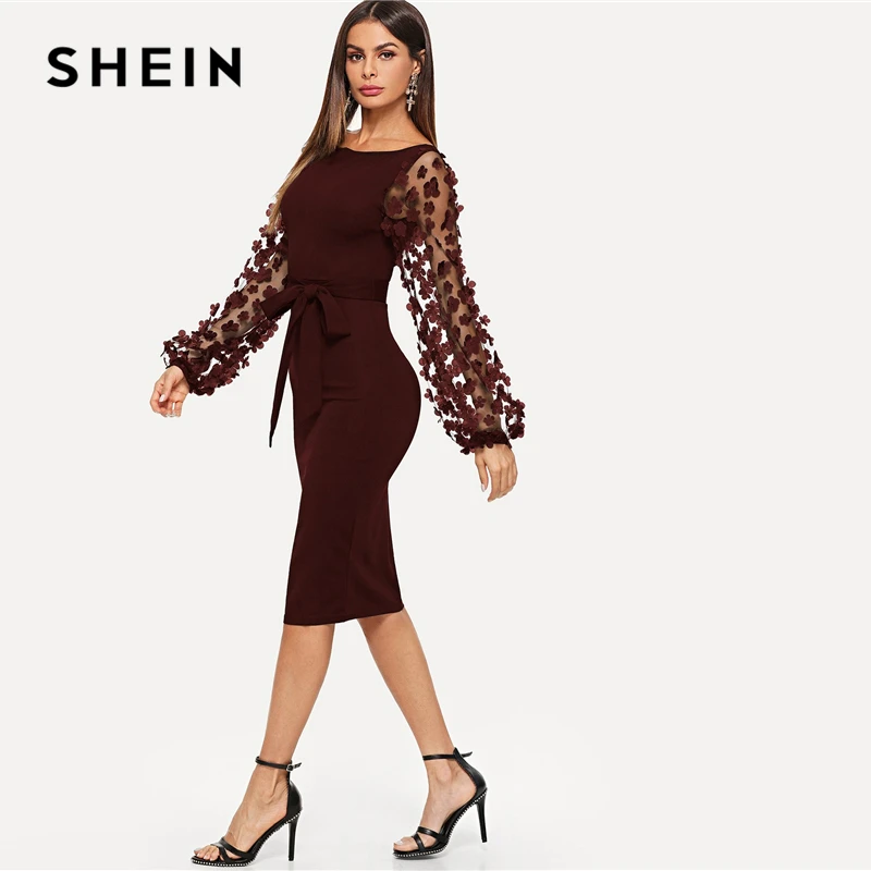 SHEIN Облегающее Платье С Оригинальным Рукавом, Платье С Цветочной Аппликацией, Однотонное Миди Платье