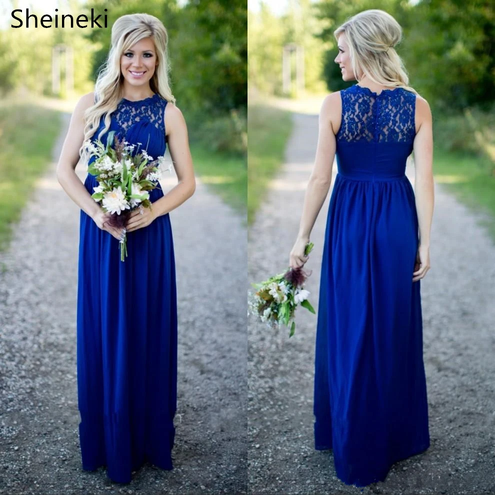 

Sexy Long Royal Blue Beach Country Style Bridesmaid Dresses Sheer Lace Sexy Open Back Bridesmaids Dress Maid of the Honor Gowns