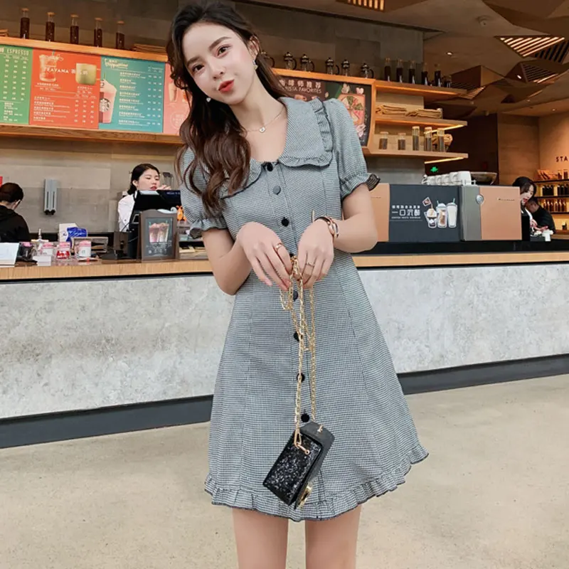 Женская одежда летнее платье в стиле ретро черно-белое с гусиной лапой для