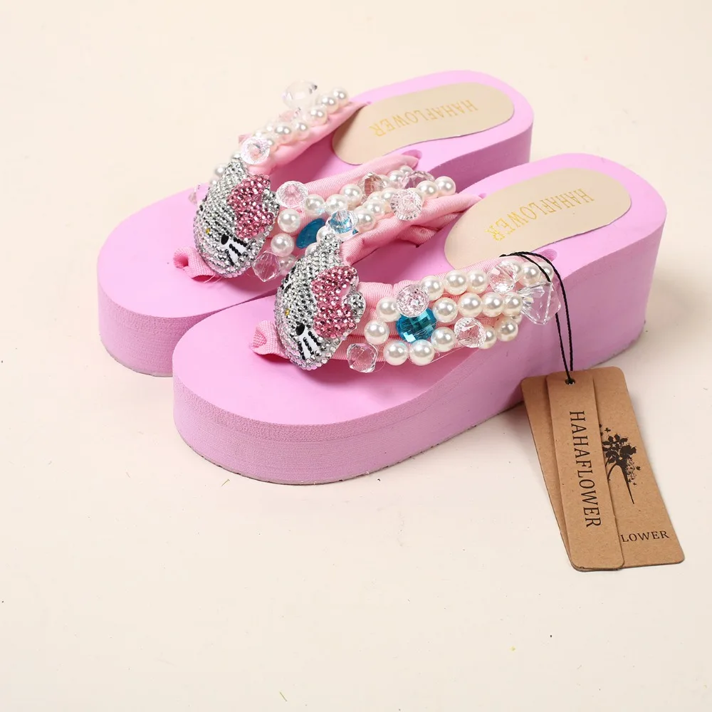 Женские Вьетнамки с кристаллами kitty блестящие пляжные шлепанцы на танкетке