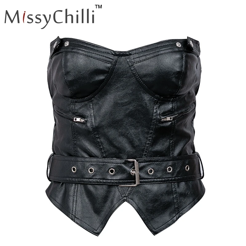 Женские топы MissyChilli из искусственной кожи с ремнем, на молнии, с открытыми плечами, Летний стиль, майка, женская уличная одежда, сексуальный укороченный топ, Майки - Цвет: Черный