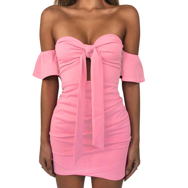

Women Off-shoulder Bowknot Mini Dress Lady Sexy Summer Casual Party Pencil Dress