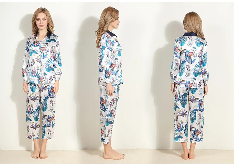 Silk pajamas ladies 100 silkworms silk new products printed fashionable spring and summer shirt-style home wear