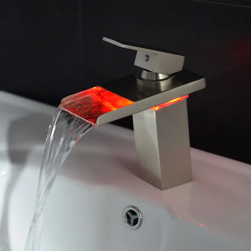 Бесплатная доставка Матовый никель ванная комната LED кран сосуд Водопад Одной