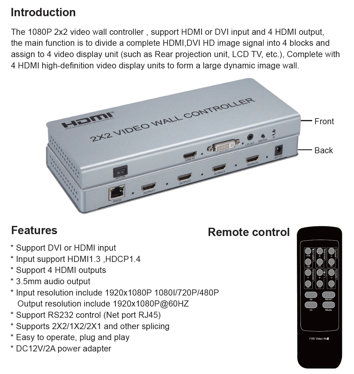 HDMI видео настенный процессор 1080P видео настенный контроллер 2x2 HDMI/DVI вход поддержка 7 режимов сращивания 1x1 1x2 1x4 2x2 2x1 3x1 4x-1 шт