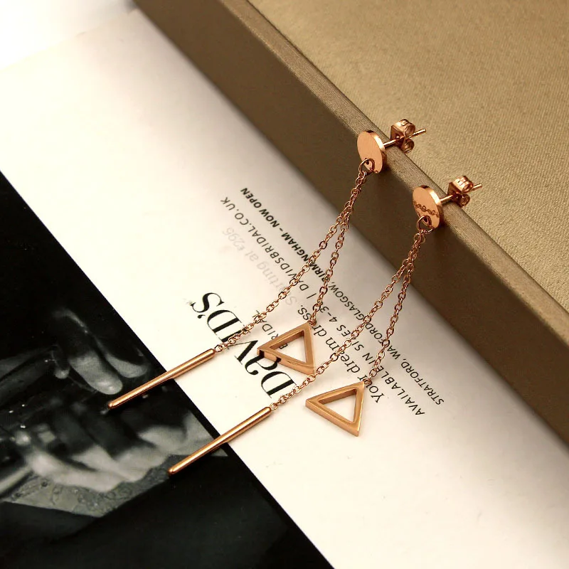 Hollow triangle tassel drop earrings for women boucle d'oreille femme Rose gold color chains stainless steel earings orecchini |