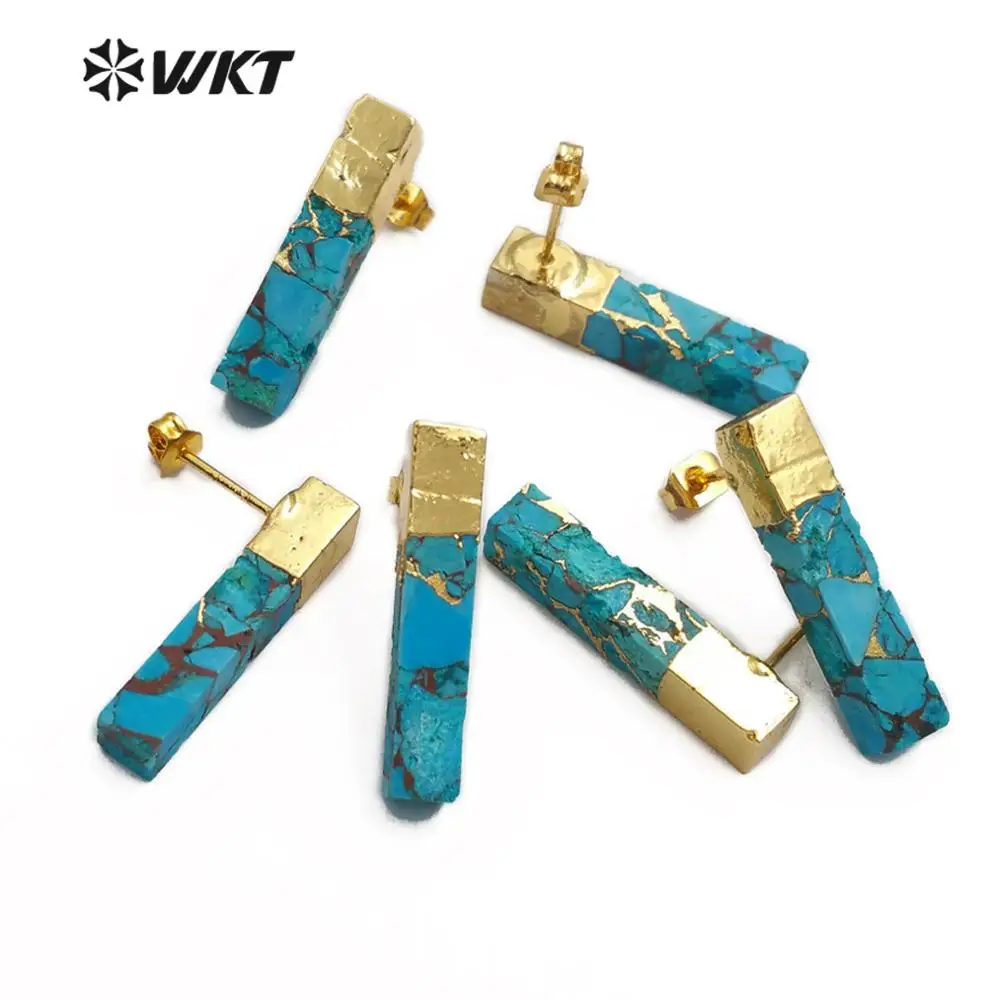 WT-E548 Natural Blue Vein Green Stone Earring Rectangle Shape Gem-stones Earring Gold Capped Stud Earring Jewelry