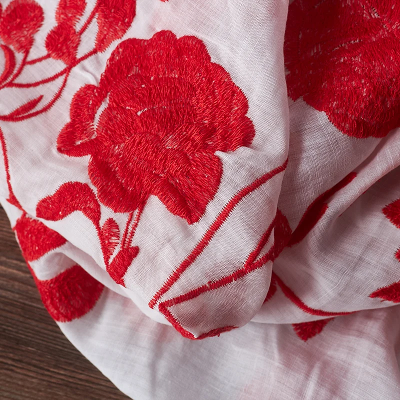 Ramie embroidery red flowers fabric spring summer skirt dress tissu doux tela suave 0.5meter | Дом и сад