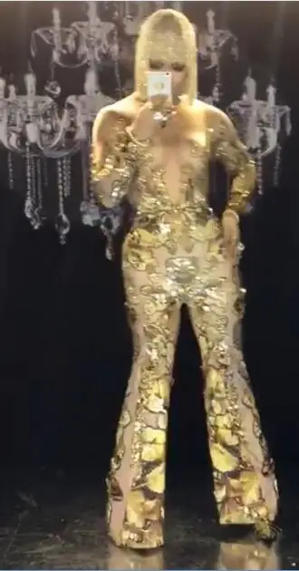 gold jumpsuit Блестящие золотые стразы, блестки, комбинезон для женщин, певица, свободные штаны, костюм, цельный, для ночного клуба, для танцев, для выпускного, вечерние комбинезоны - Цвет: gold jumpsuit