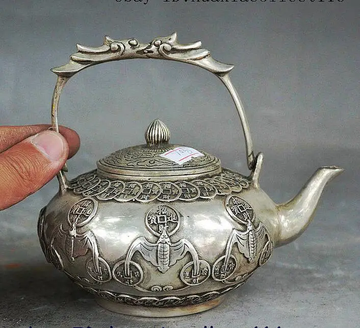 Помеченный Китайский серебряный богатство летучая мышь монета фу голова зверя