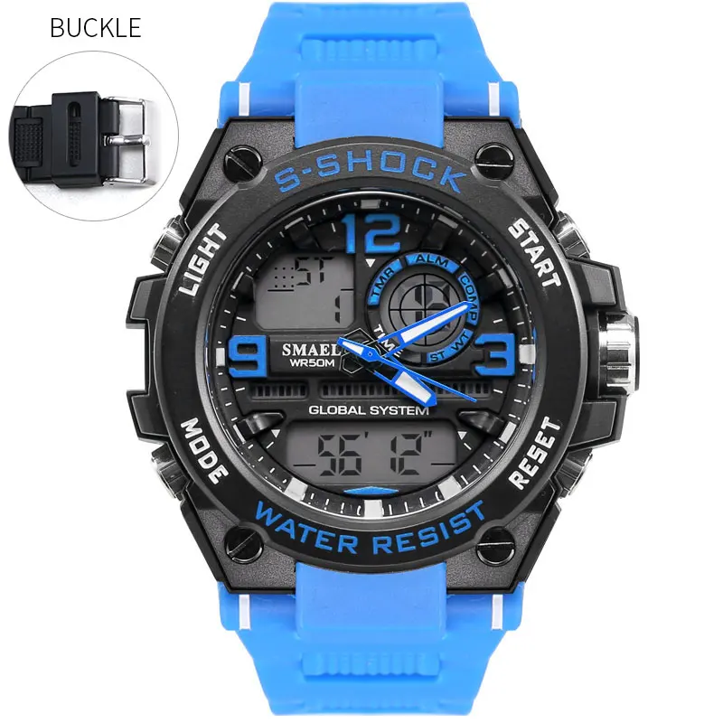 Blue Новые модные повседневные мужские часы SMAEL, брендовые, серый цвет, двойной дисплей, светодиодный, 50 м, водонепроницаемые, для дайвинга, мужские, силиконовые, спортивные часы, Relogio 1603 - Цвет: Blue