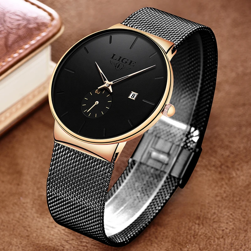 Часы Relojes Hombre LIGE мужские новые сетчатые стальные Роскошные брендовые