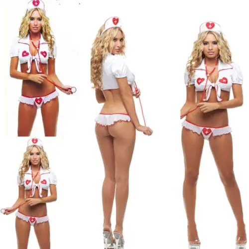 Sexy Women Pajama Sets Nightwear 2018 New Summer Heart Print Bandage Crop Lace Bra Shorts Nurse Costume Underwear Sleepwear | Женская