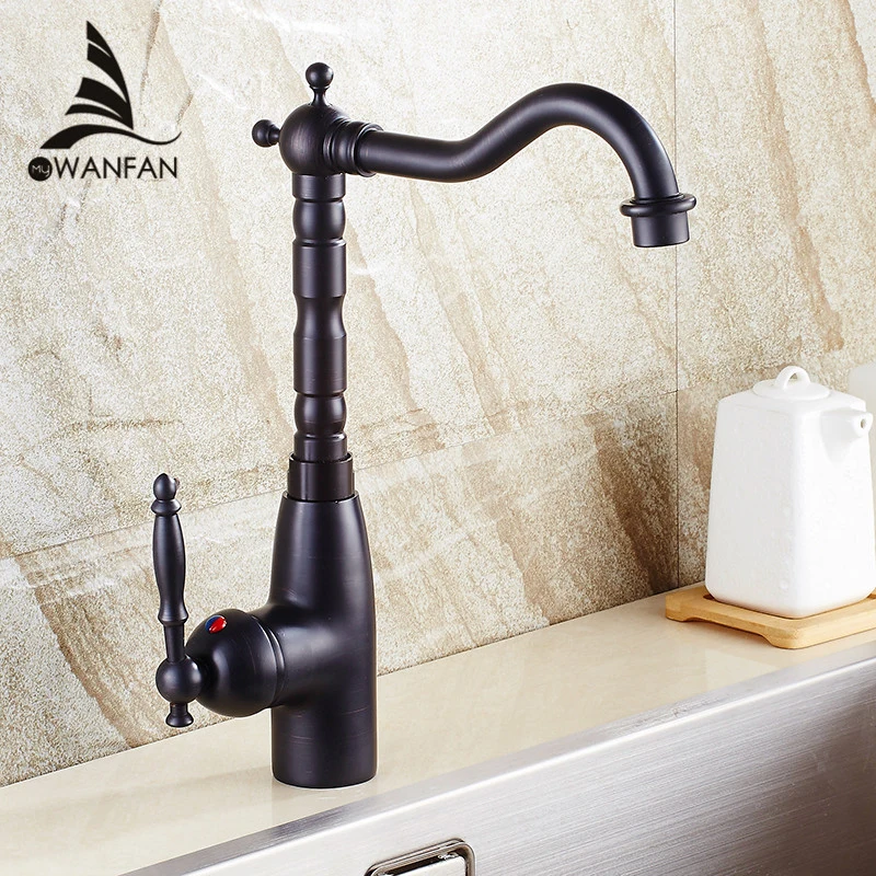

Basin Faucet Black Brass Retro Bathroom Sink Faucet Single Handle Hight Arch Swivel Spout Kitchen Deck Vessel Mixer Taps WF-1305
