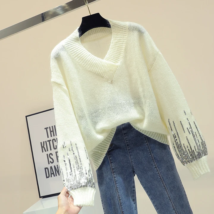 Pullover women bf style V-neck solid color sequin stitching long-sleeved sweater 2018 autumn new jumper white top | Женская одежда