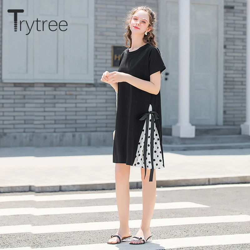 Trytree/2019 летнее женское платье повседневное с круглым вырезом поясом бантом