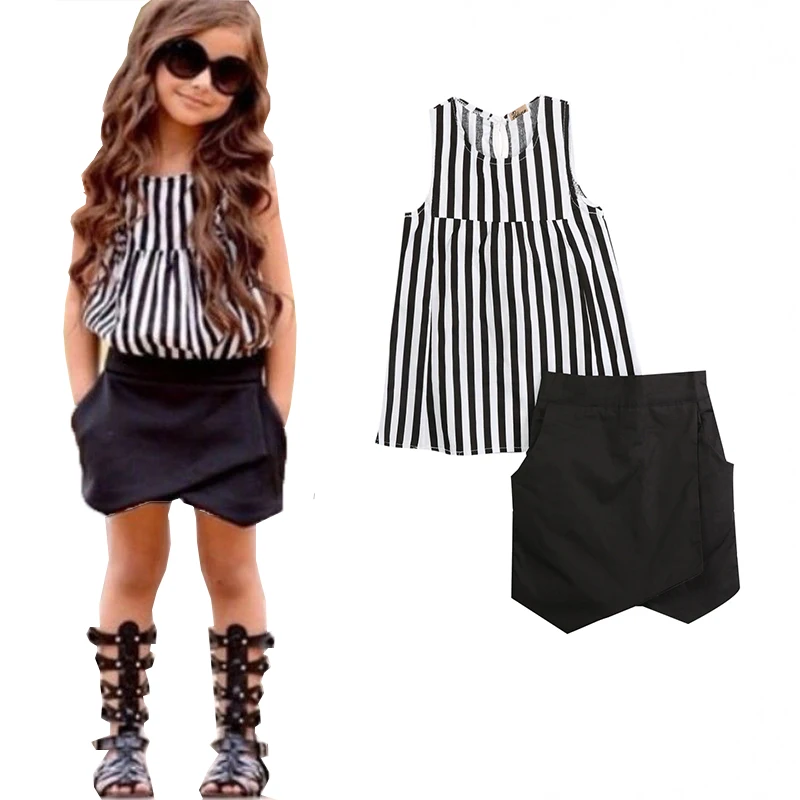 Striped NEW Hot-selling 2pcs Baby Kids Girls Summer Clothes Sleeveless Tops Blouse+Asymmetric Shorts Outfits Clothing Set 2~7T | Детская