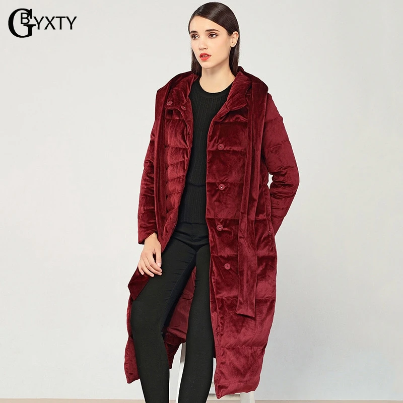 GBYXTY manteau hiver, Дамское элегантное бархатное пуховое пальто с галстуком-воротником, зимнее женское длинное плотное пуховое пальто с капюшоном, пуховая куртка, парка ZA1083