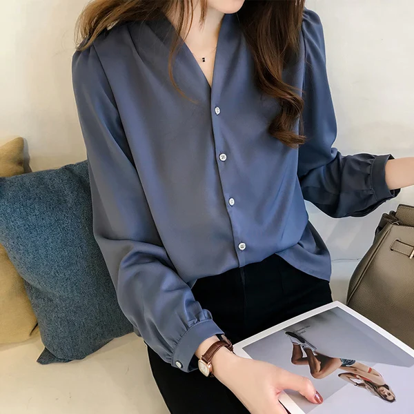 p26 m -4xl autumn the new women's pure color chiffon v neck shirt women long sleeve blouse loose |