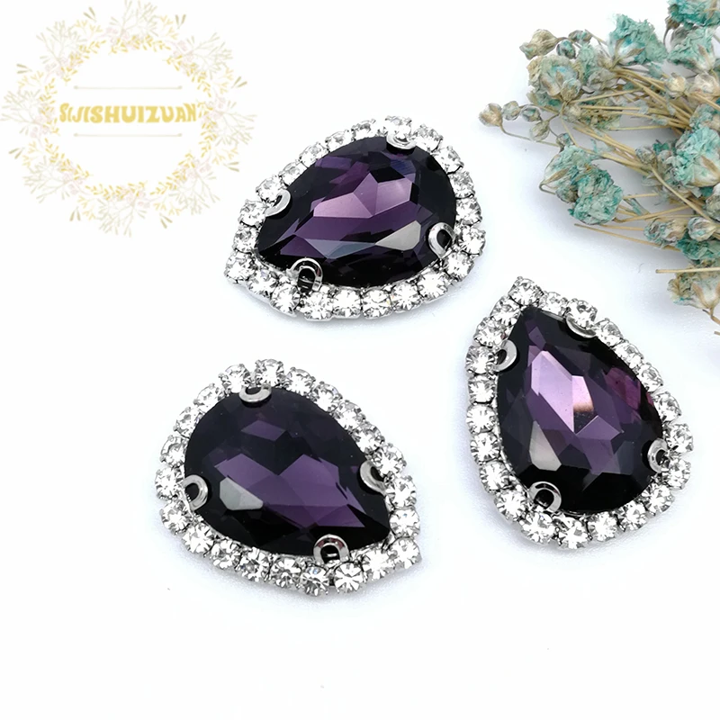 

Free shipping! Deep Purple Water drop shape Glass Crystal buckle sew on rhinestones with chain claw Diy Clothing accessories