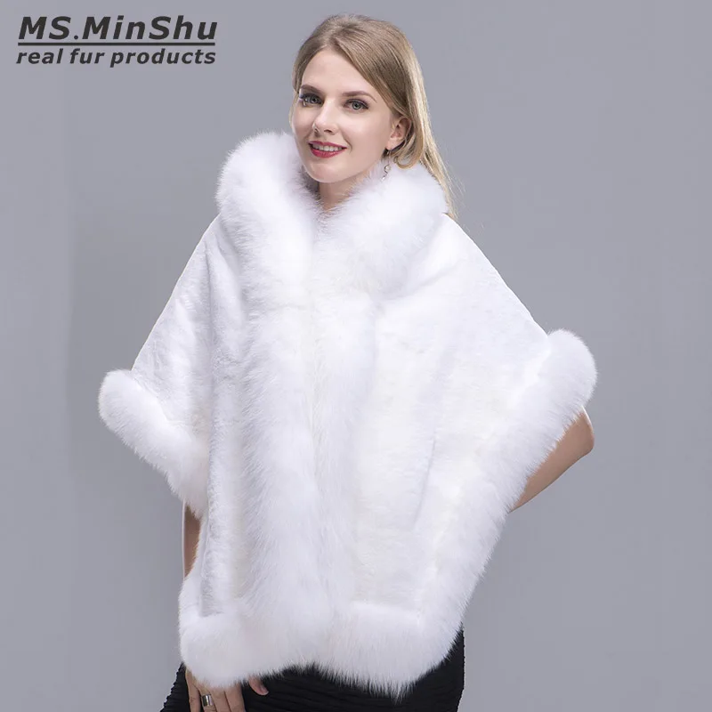 

MS.MinShu Fox Fur Shawl Winter Women Real Fur Pashmina Fashion Poncho Fox Fur Trimmed Rex Rabbit Fur Cape Winter Cape Female