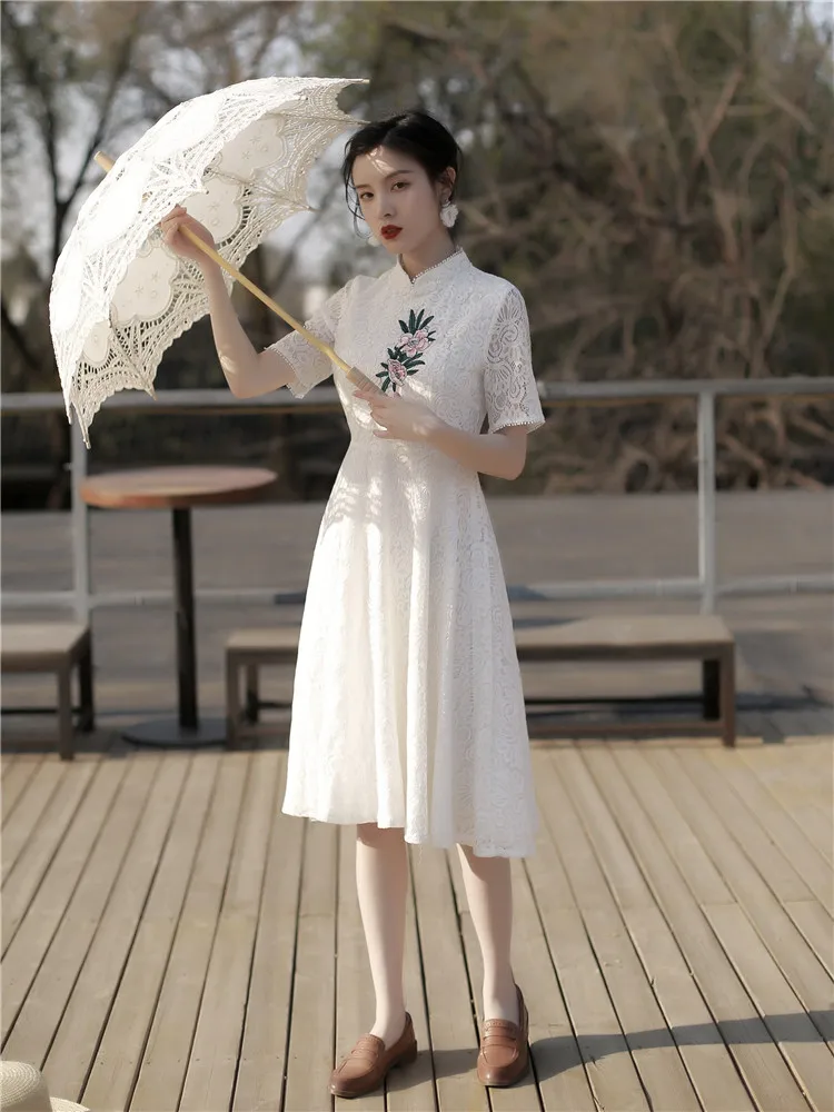 Короткое стильное традиционное китайское платье cheongsam белое женское элегантное платье из вискозы qipao поступление vestido