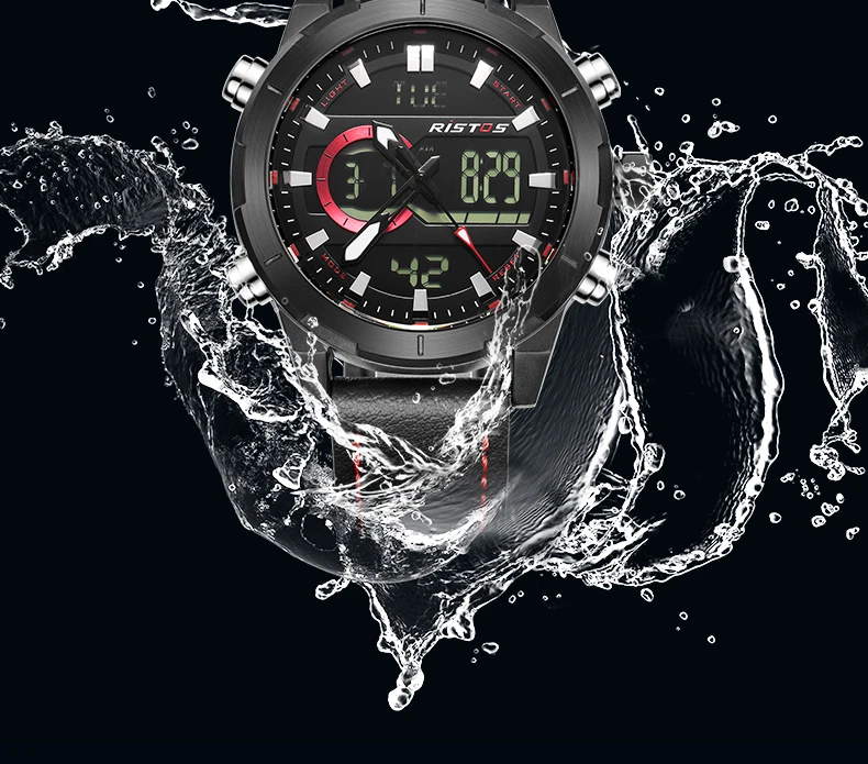 RISTOS кожаные часы Топ бренд Relojes Masculino Hombre многофункциональный хронограф мужские спортивные аналоговые цифровые модные часы 9342