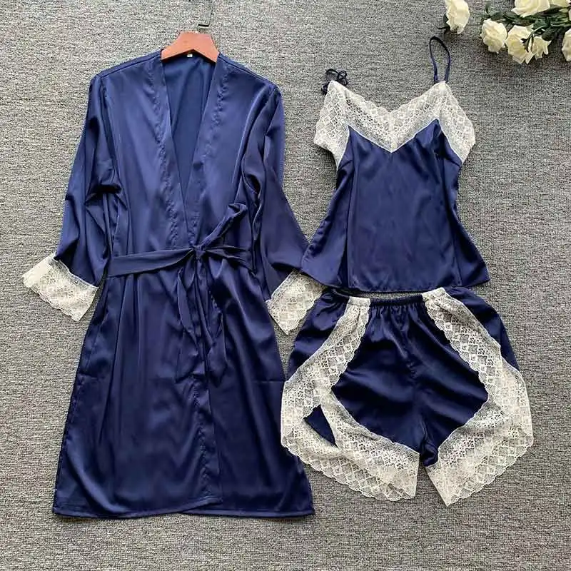 blue BZEL Сексуальная кружевная Шелковая пижама комплекты атласная пижама для женщин V-nevk одежда для сна слинг+ шорты+ халат ночной комплект из 3 предметов стильные женские пижамы - Цвет: blue
