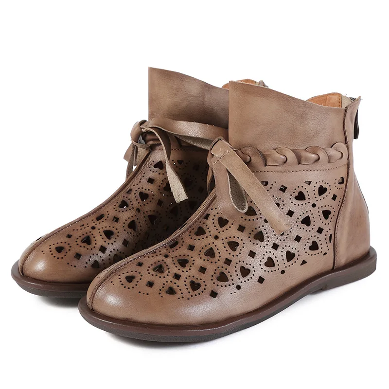 

VALLU 2019 Summer Women Shoes Leather Hollow Breathable Round Toe Boots Ladies National Style Handmade Design Flat Spring Shoes