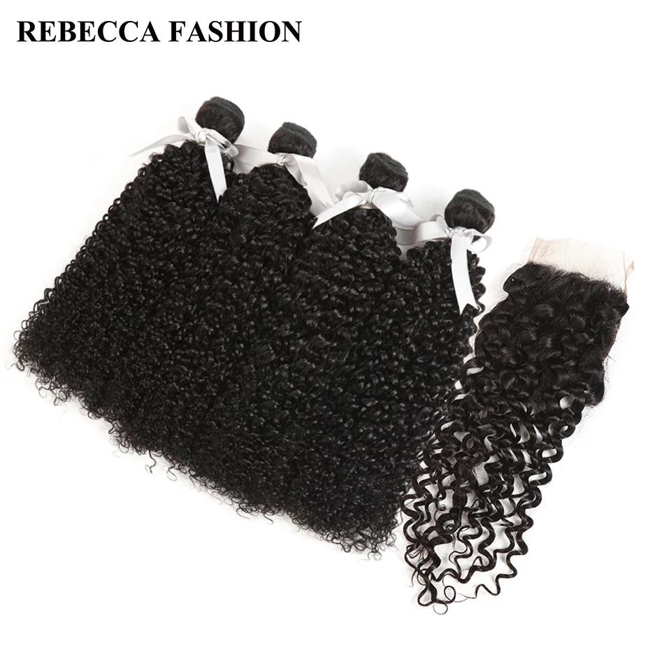 Rebecca Peruvian Curly Weave Human Hair 4 Bundles With Closure Non Remy Curly Hair Bundles With 4x4 Lace Closure Free Shipping