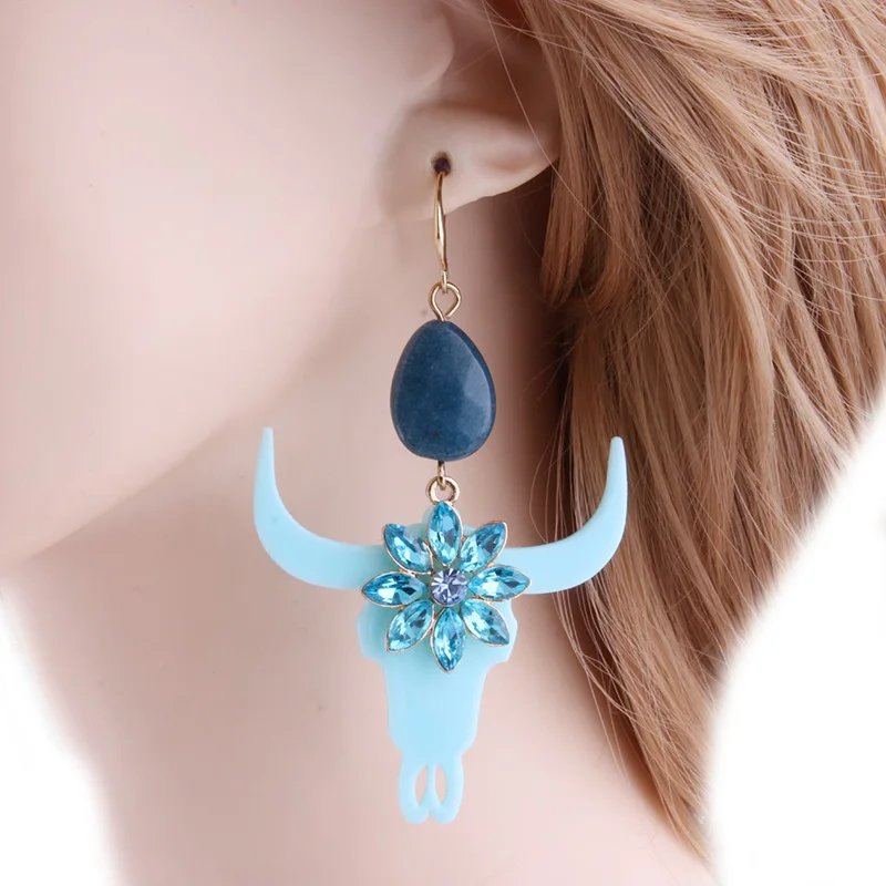 lake blue NeeFu WoFu Bull серьги рога полимерная серьга камень большие серьги для женщин Кристалл Большие длинные серьги Brinco Oorbellen подарок - Окраска металла: lake blue