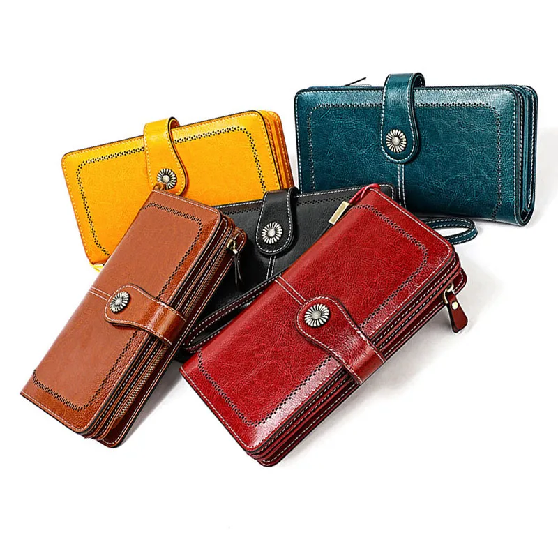 

2019 New Women Wallet Split Leather Anti RFID Women Wallets Female Zipper Coin Purse Long Card Holder Yellow Phone Bag Clutch