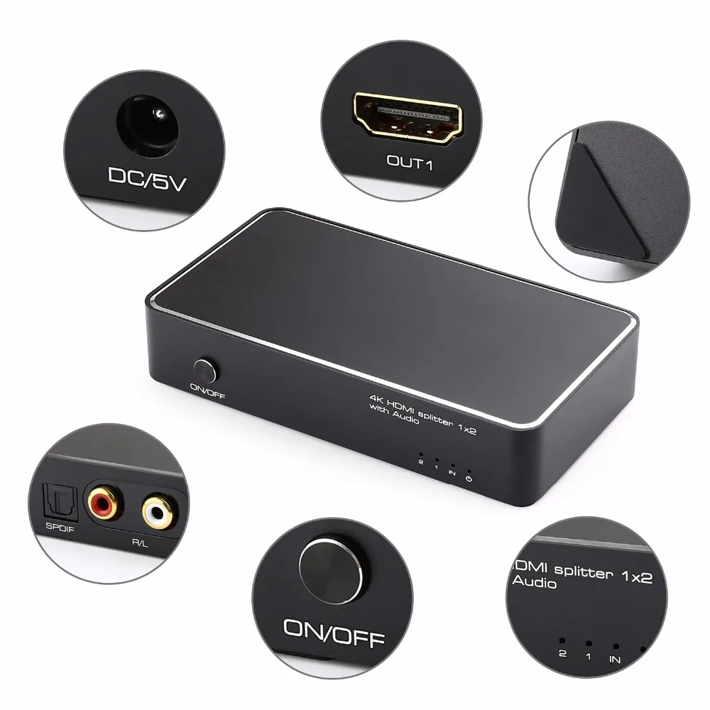 Разветвитель 1X2 4K HDMI с аудио экстрактором + оптический и R/L аудиовыход Φ 1 в 2
