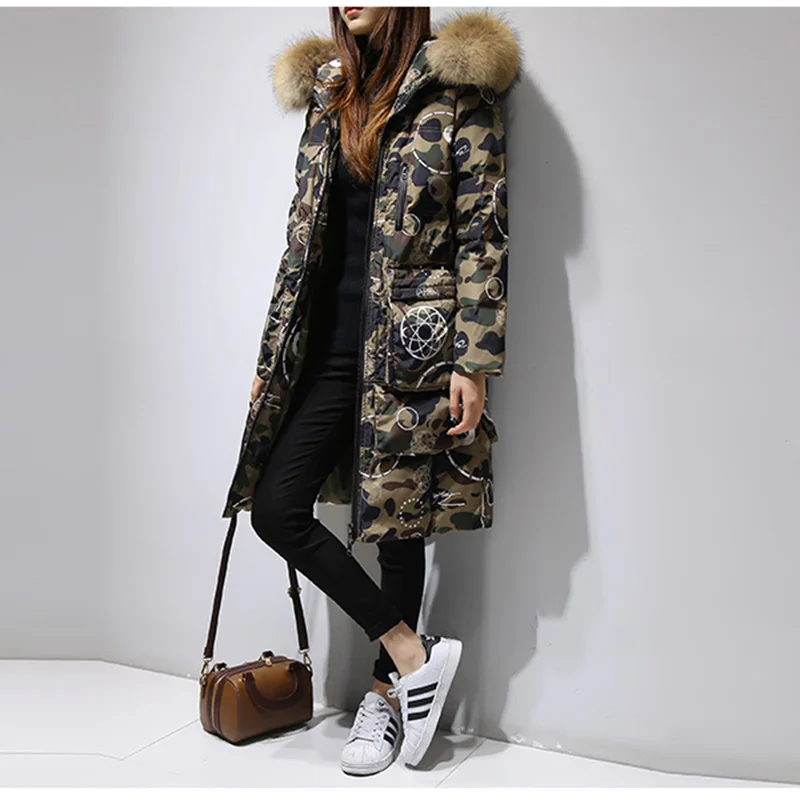 camo green Новое камуфляжное плотное пальто с натуральным мехом парка женская зимняя куртка средней длины с капюшоном толстые женские куртки chaqueta mujer - Цвет: camo green