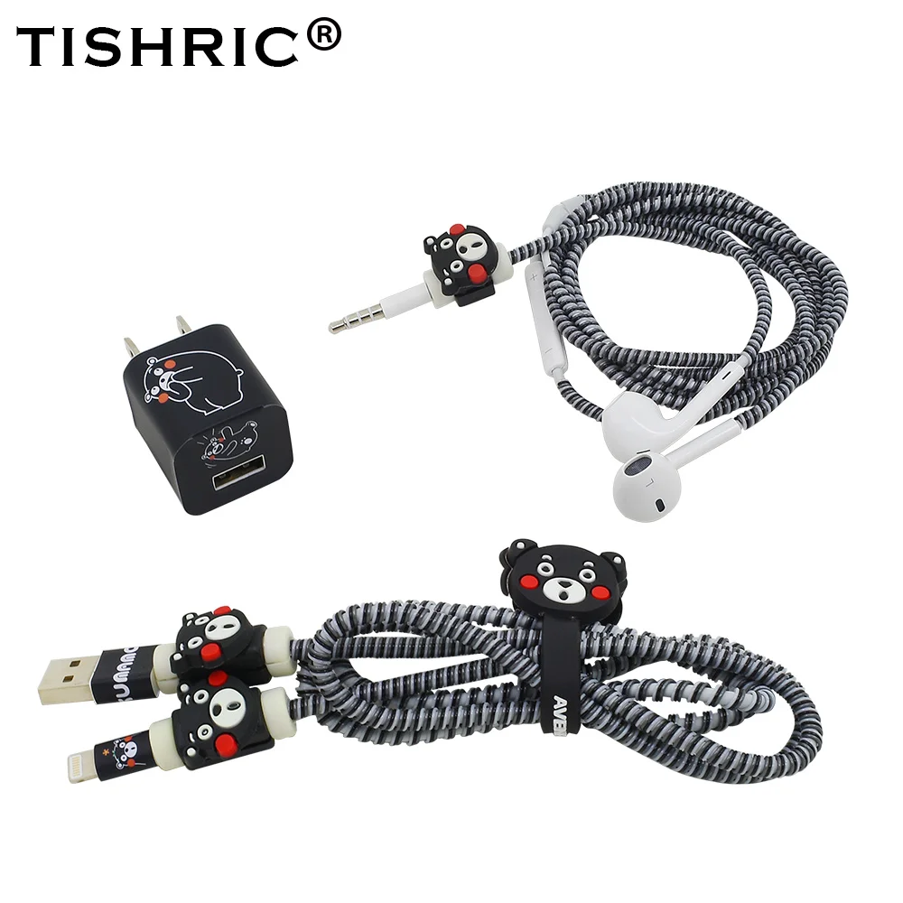 TISHRIC милые животные/USB кабель протектор для Iphone 5/6/6s/Iphone 7 Plus/8 наушники Зарядное устройство провод держатель Кабельный организатор/виндер/защиты - Цвет: Black Bear