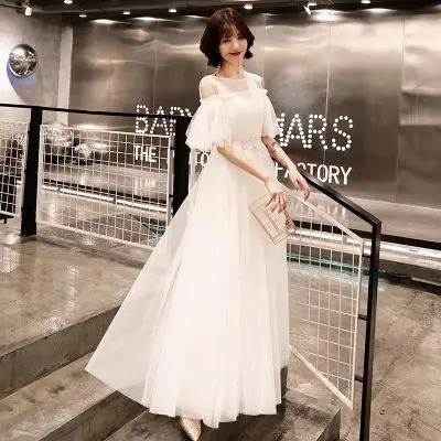 Vestidos De Festa Mrs Win вечерние платья трапециевидной формы с круглым вырезом и короткими рукавами с открытыми плечами кружевное платье - Цвет: pure white long