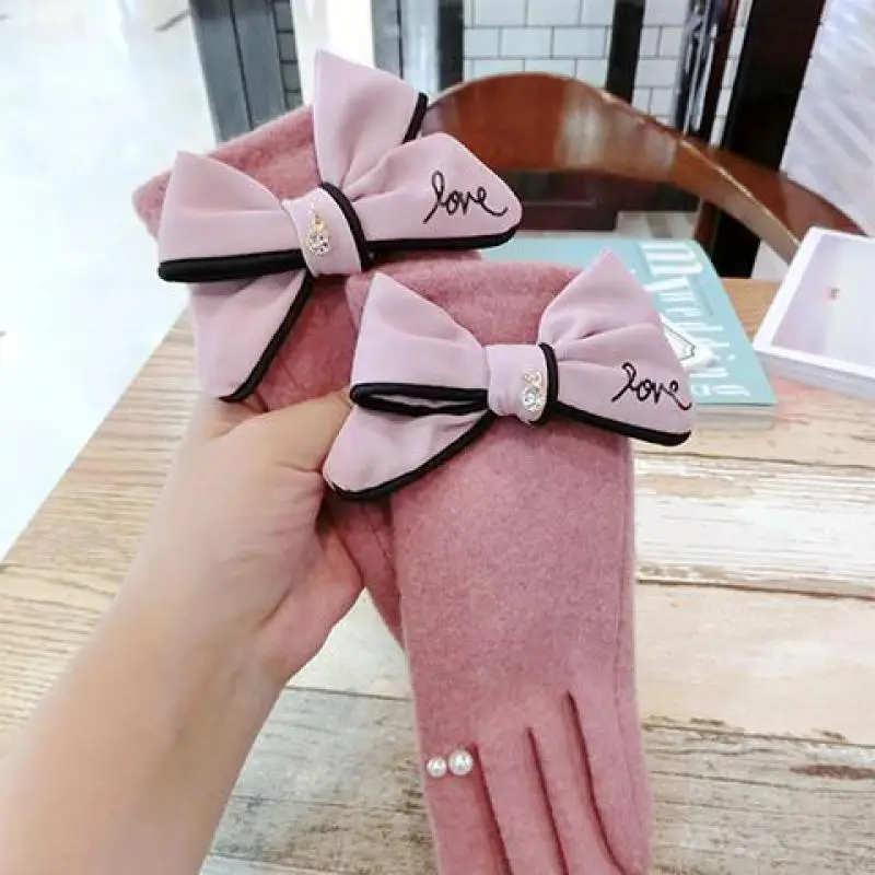 2018 Autumn Winter Gloves Women Fragrant Style Cute Bowknot Rabbit Hair Wool Blended Touch Screen Female Mittens AGL400 | Аксессуары для