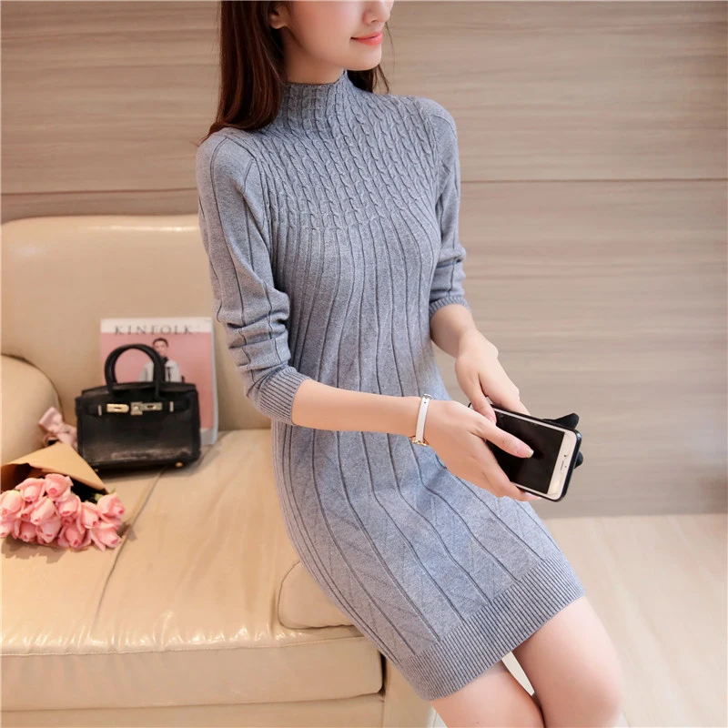 Женское трикотажное платье свитер теплое облегающее мини с высоким воротником и