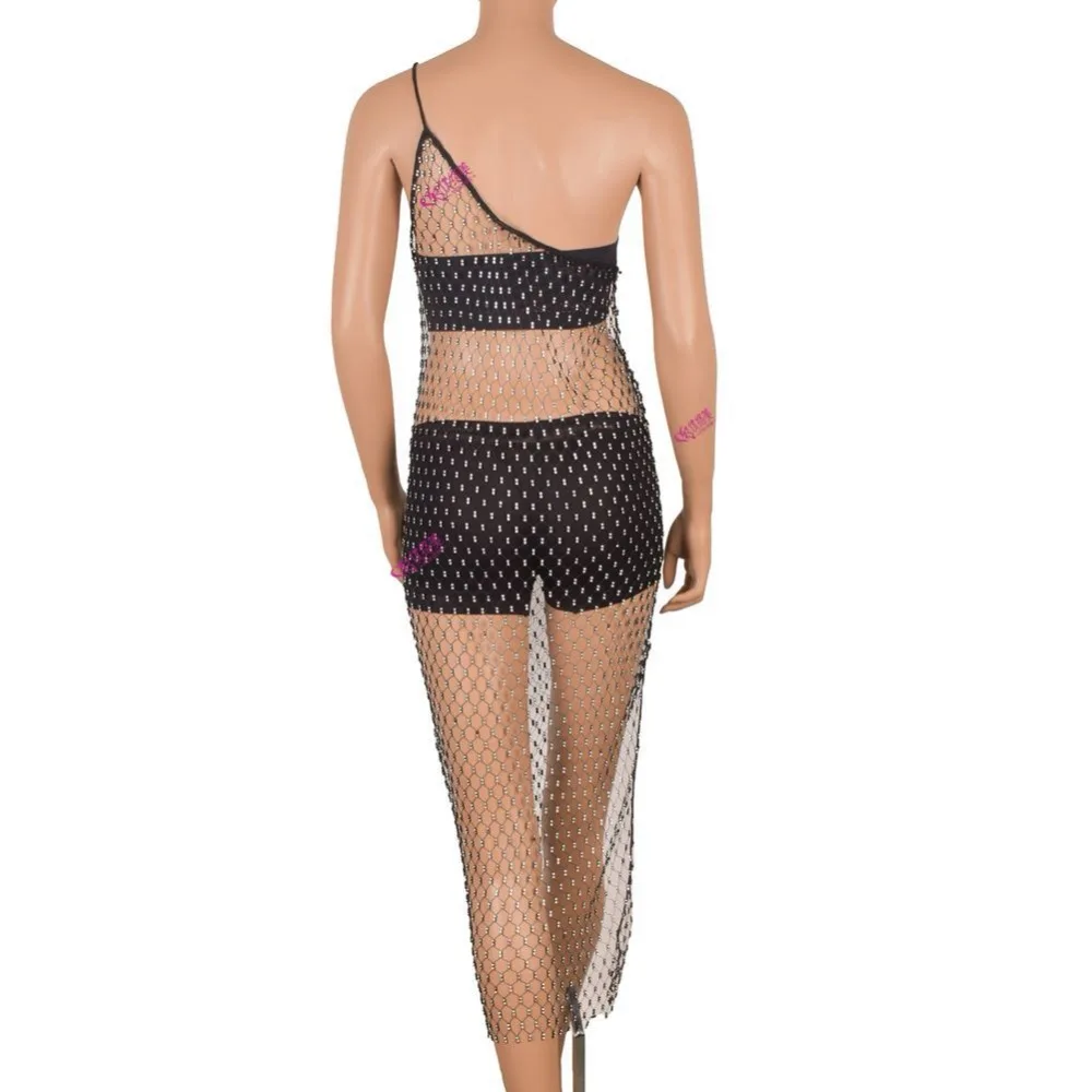 YOLOMI женские макси платья плюс размеры черная сетка Стразы Bodycon платье без рукавов