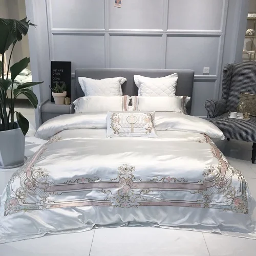 bedding set 1 В европейском стиле Премиум шикарной вышивкой белый; комплект люксовых туфель постельного белья 4/7 шт. шелковый атлас Стёганое одеяло пододеяльник ультра Мягкий хлопок простыня queen King - Цвет: bedding set 1
