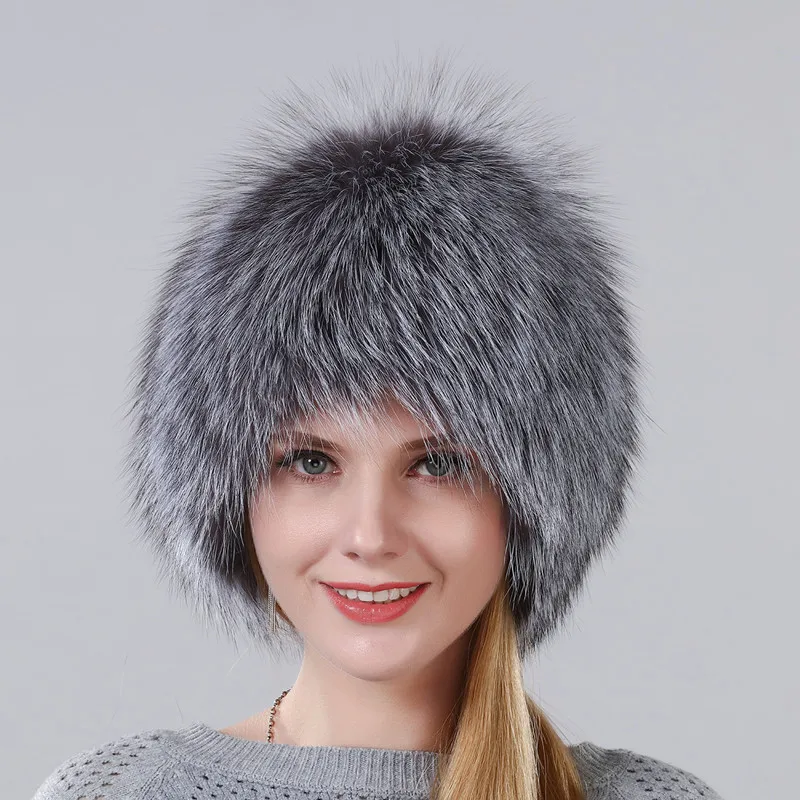 Hot Sale Winter Hat 100% Real Natural Silver Fox Fur Women's Knitted Fur Cap Women Hat Fox Fur Hat Female Ear Warm Winter Must