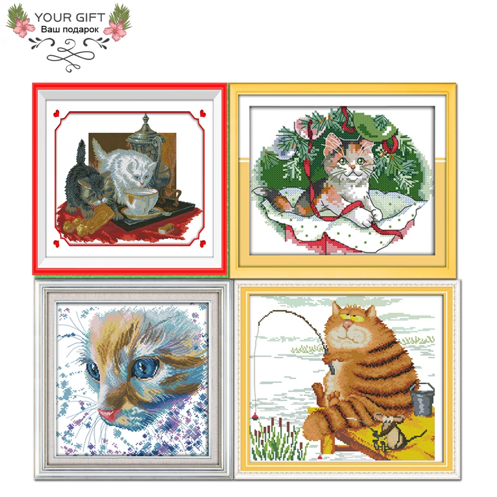 

Joy Sunday D846 D867 D868 D920(3) Home Decor Two Drinking Cats Christmas Kitten Watercolor Cat's Favorite Cross Stitch Kits