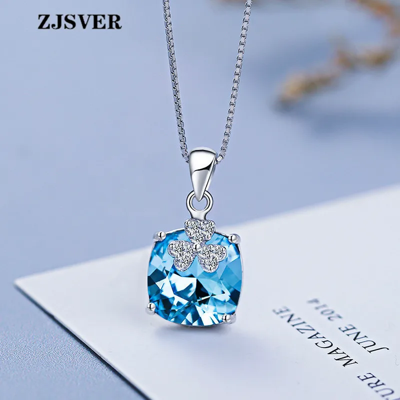ZJSVER синий квадратный кристалл клевер кулон Мода серебро Женская цепочка на