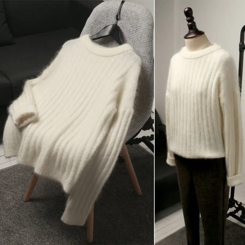 Autumn Winter Sweater Women O-Neck Pullover Mohair Pull Femme Hiver Thicken White Black Warm Jumper C5133 | Женская одежда