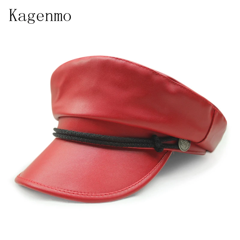 

Kagenmo Military Hats leather woolen for autumn and winter male wool army cap female winter warm hat pu leather winter hat