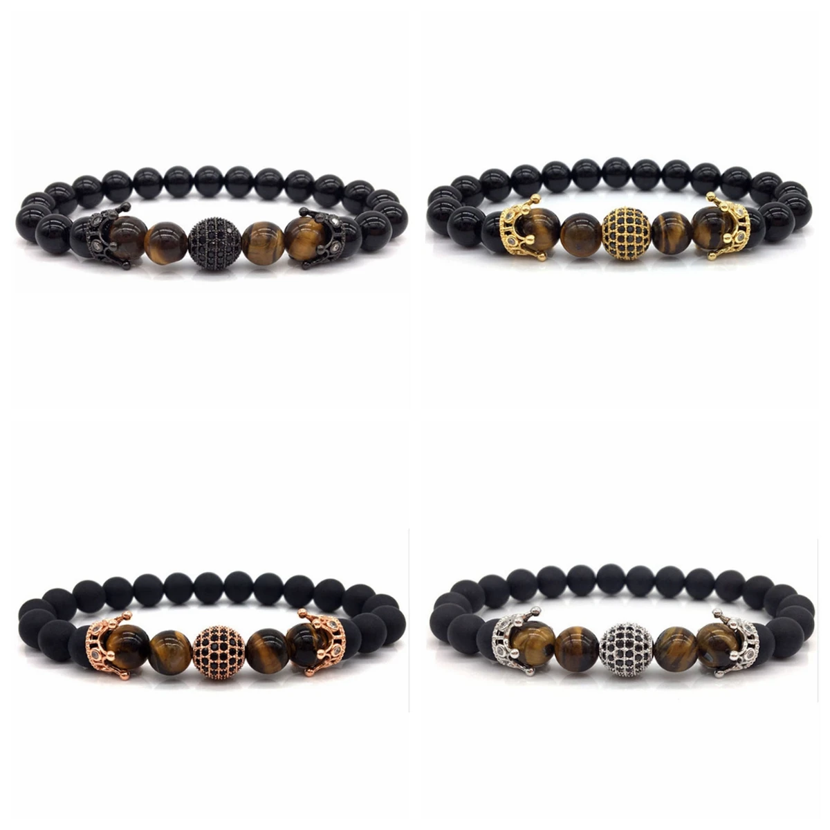 Горячая мода очаровательный мужской браслет Pave CZ King Crown & ball черный камень лавы из